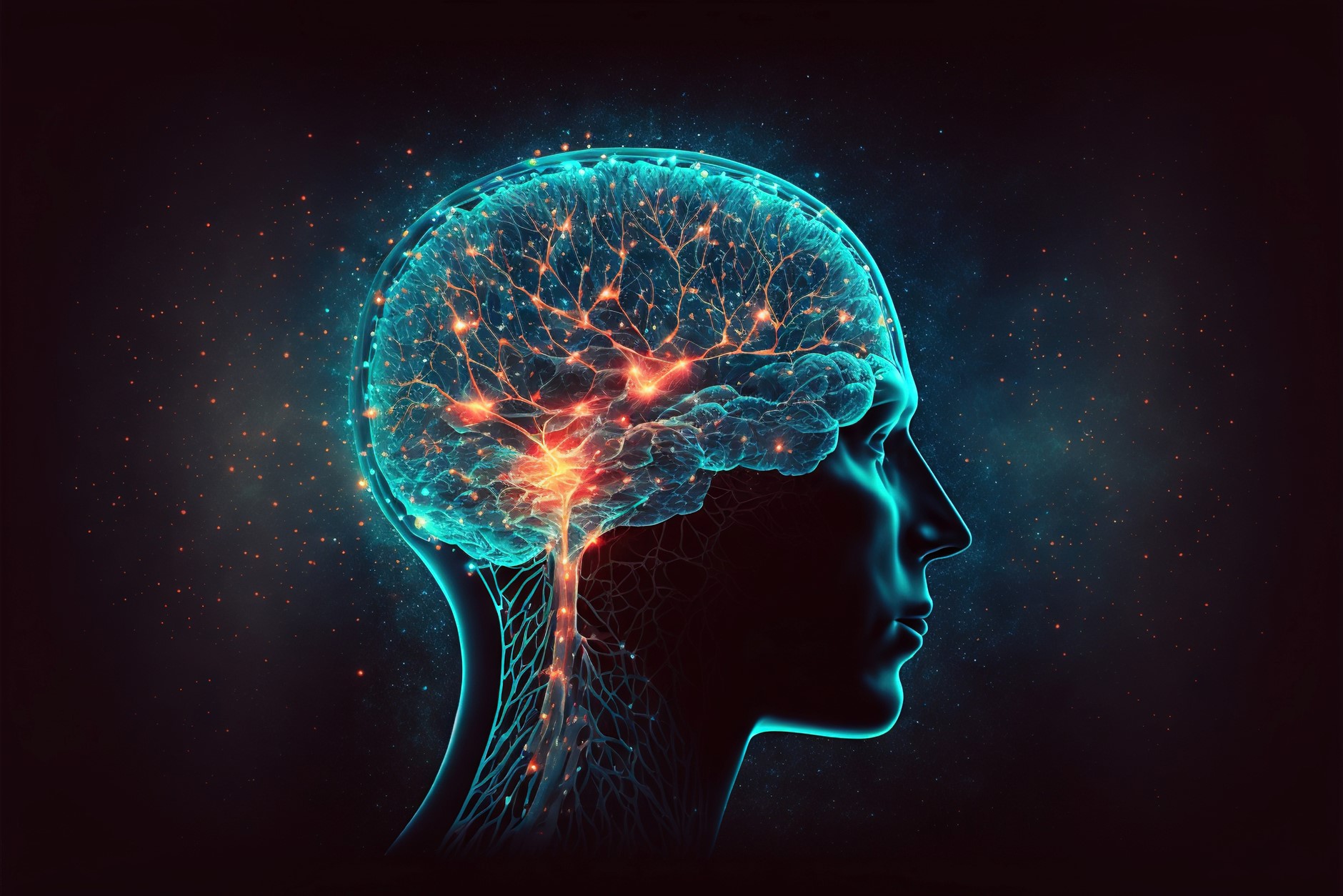 Illustration of a human head with the brain visable.