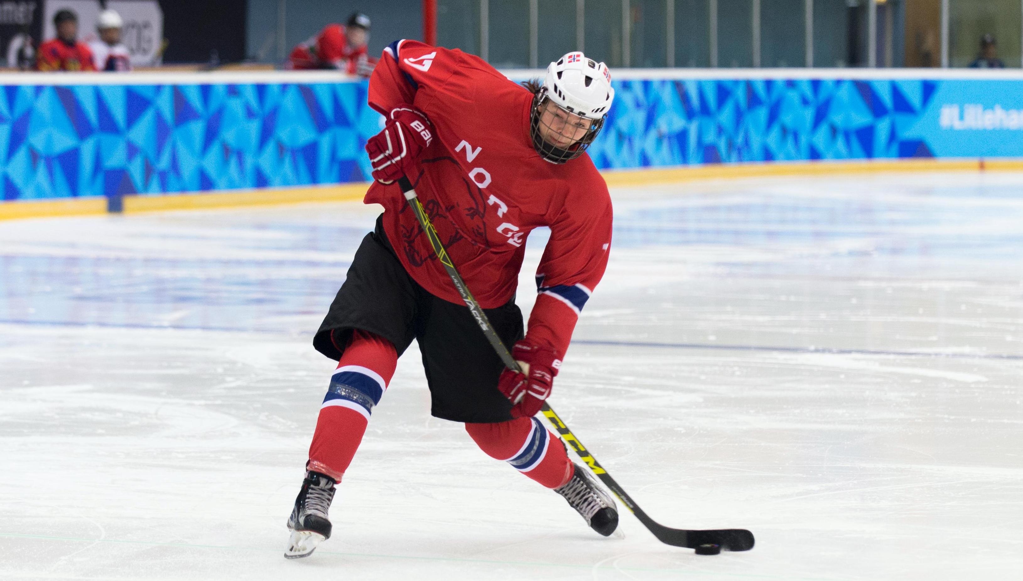 Ice hockey player on the ice moving forward with the puck along the ice.